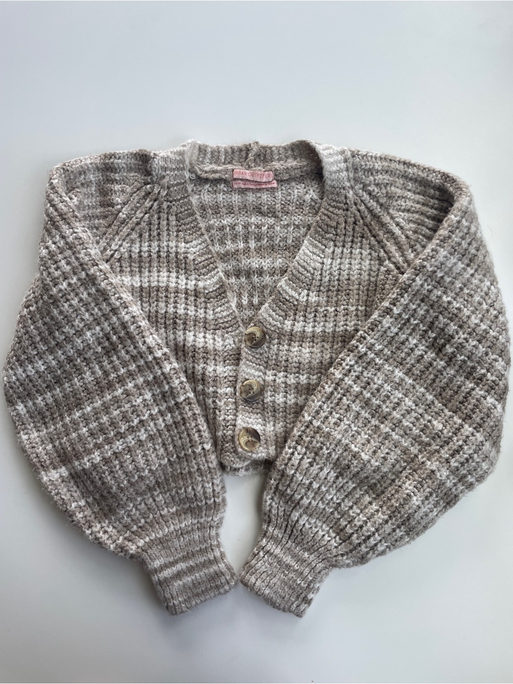 Urban Outfitters Taupe and Ivory Striped Knit Cropped Chunky Cardigan
